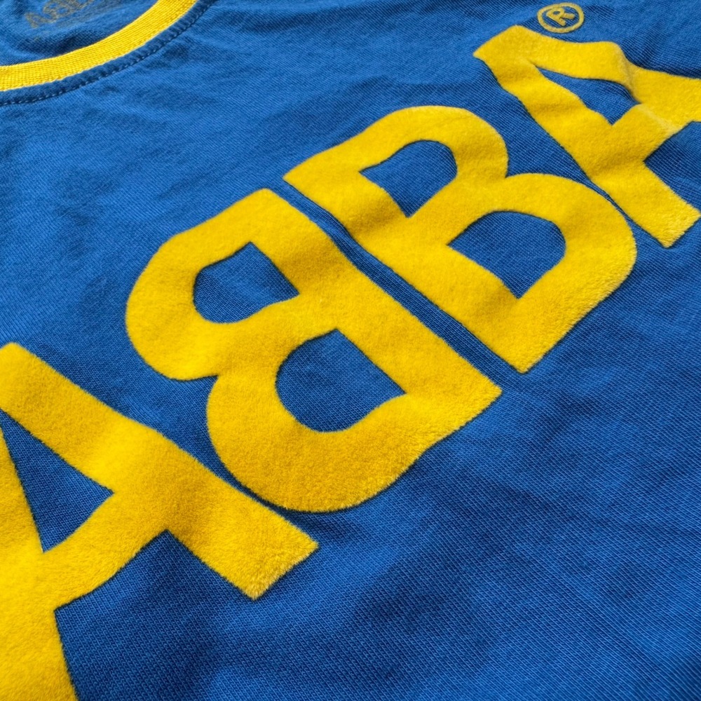 ABBA Official Merchandise Blue Yellow Ringer Tee Flocked Logo Shirt Small - Picture 4 of 6